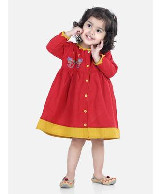 BownBee  GirlsCotton Embroidered Frock Dress for Girls- Red 5