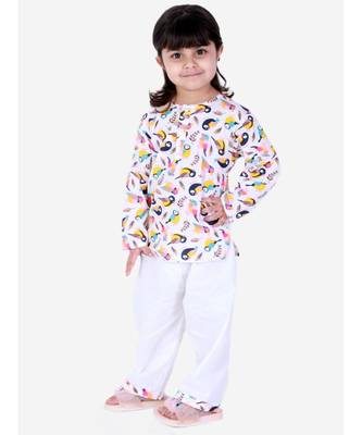 BownBee  GirlsFull Sleeve Printed Cotton Night Suit-White 1