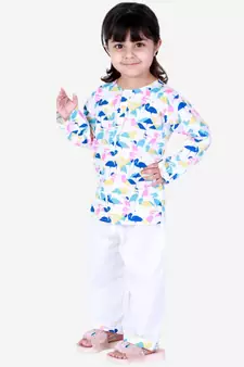 BownBee  GirlsFull Sleeve Printed Cotton Night Suit-White