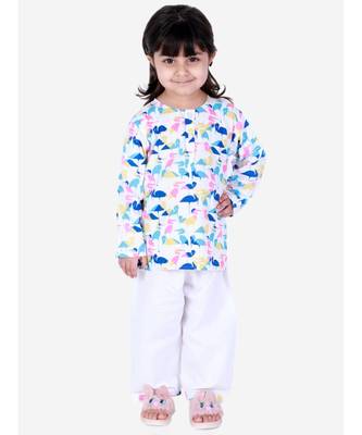 BownBee  GirlsFull Sleeve Printed Cotton Night Suit-White 2