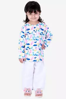 BownBee  GirlsFull Sleeve Printed Cotton Night Suit-White