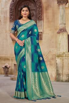 Blue woven banarasi saree with blouse