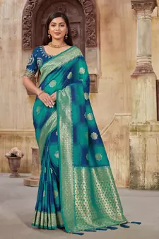 Blue woven banarasi saree with blouse