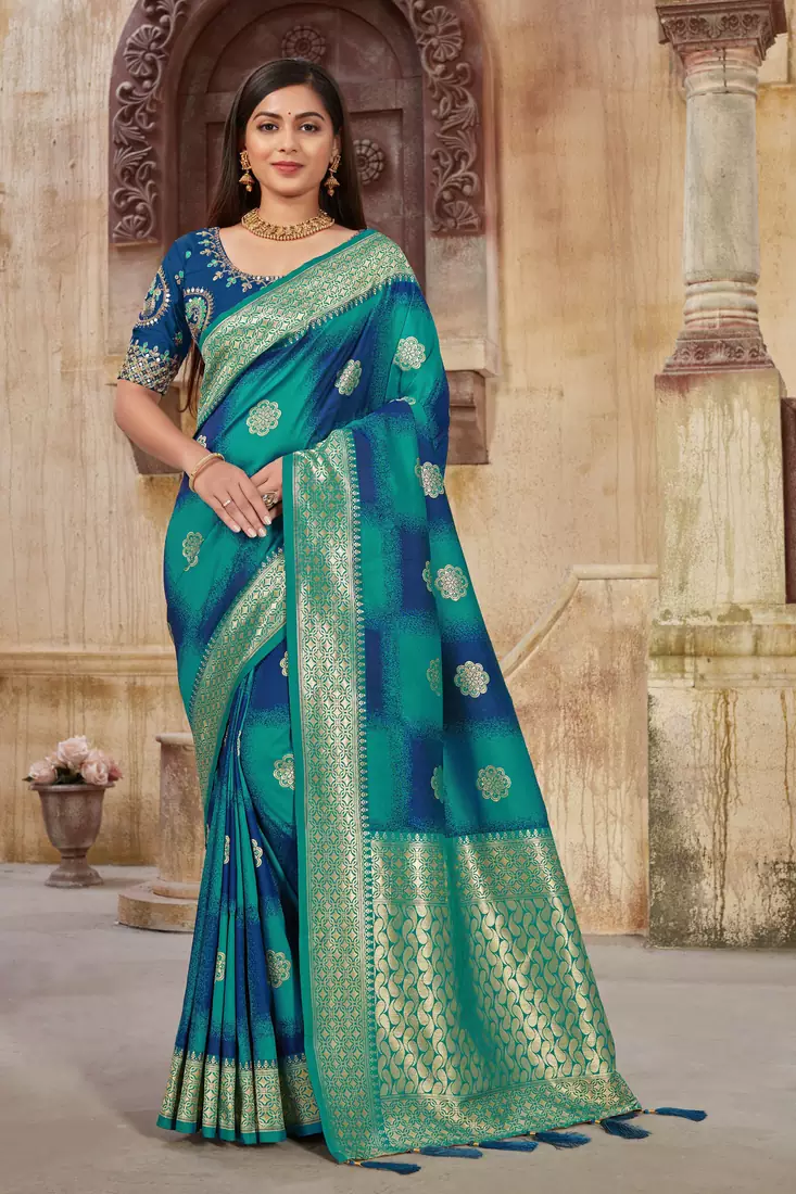 Blue woven banarasi saree with blouse