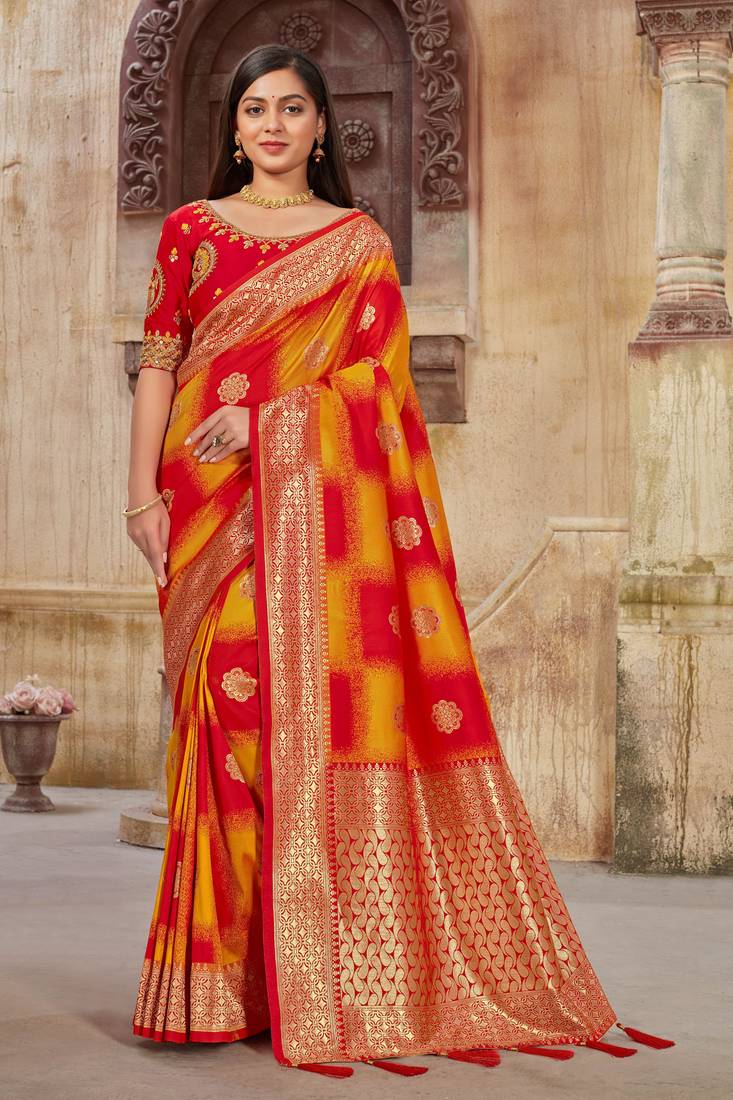 Red woven banarasi saree with blouse