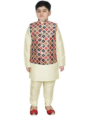 Beige Silk Printed Kurta And Pyjama 1