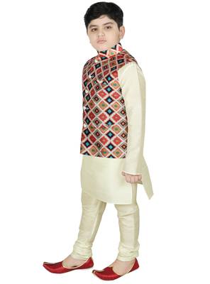 Beige Silk Printed Kurta And Pyjama 2
