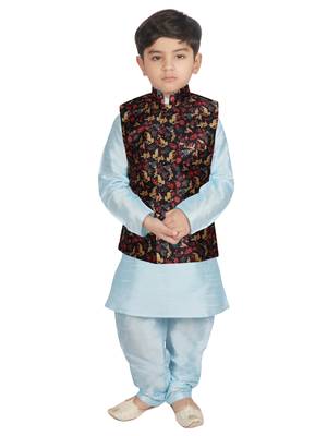 Turquoise Blue Silk Printed Kurta And Pyjama 1