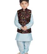 Turquoise Blue Silk Printed Kurta And Pyjama