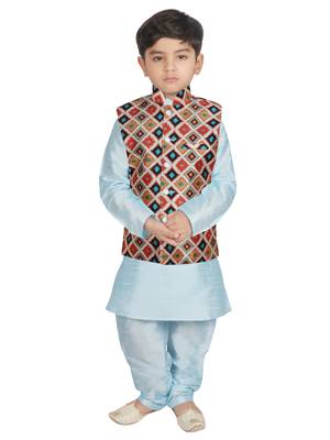 Turquoise Blue Silk Printed Kurta And Pyjama 1