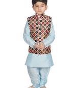 Turquoise Blue Silk Printed Kurta And Pyjama