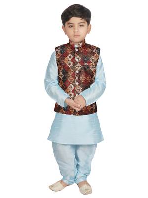 Turquoise Blue Silk Printed Kurta And Pyjama 1