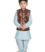 Turquoise Blue Silk Printed Kurta And Pyjama