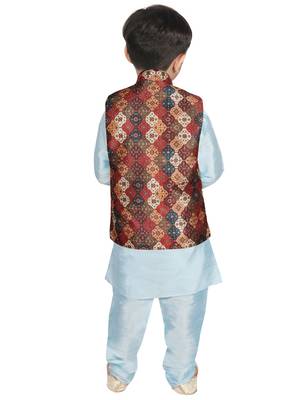 Turquoise Blue Silk Printed Kurta And Pyjama 3