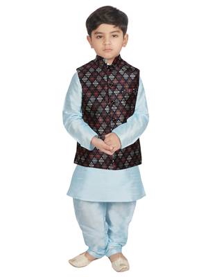 Turquoise Blue Silk Printed Kurta And Pyjama 1