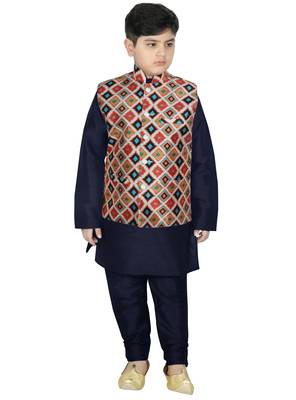 Navy Blue Silk Printed Kurta And Pyjama 1