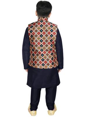 Navy Blue Silk Printed Kurta And Pyjama 3