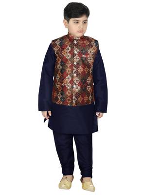 Navy Blue Silk Printed Kurta And Pyjama 1