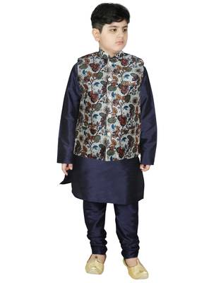 Navy Blue Silk Printed Kurta And Pyjama 1
