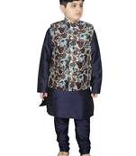 Navy Blue Silk Printed Kurta And Pyjama
