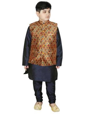 Navy Blue Silk Printed Kurta And Pyjama 1