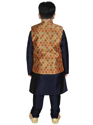 Navy Blue Silk Printed Kurta And Pyjama 3