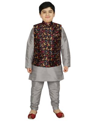 Silver Silk Printed Kurta And Pyjama 1