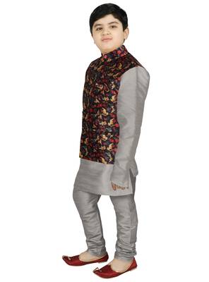 Silver Silk Printed Kurta And Pyjama 2