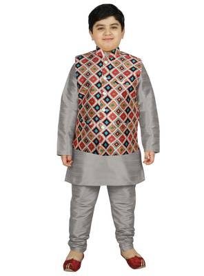 Silver Silk Printed Kurta And Pyjama 1