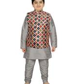 Silver Silk Printed Kurta And Pyjama
