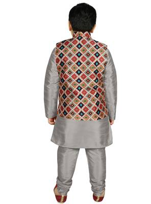 Silver Silk Printed Kurta And Pyjama 3