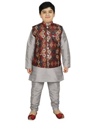 Silver Silk Printed Kurta And Pyjama 1