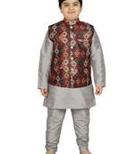 Silver Silk Printed Kurta And Pyjama