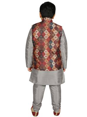 Silver Silk Printed Kurta And Pyjama 3