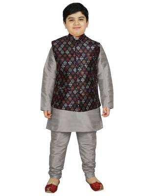 Silver Silk Printed Kurta And Pyjama 1