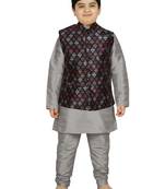 Silver Silk Printed Kurta And Pyjama