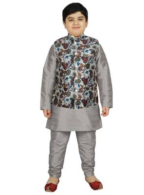 Silver Silk Printed Kurta And Pyjama 1