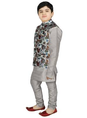 Silver Silk Printed Kurta And Pyjama 2