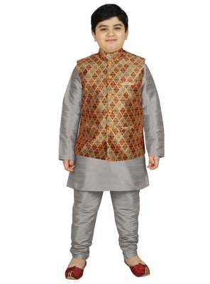 Silver Silk Printed Kurta And Pyjama 1