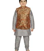 Silver Silk Printed Kurta And Pyjama