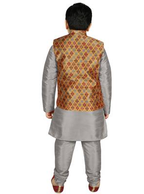Silver Silk Printed Kurta And Pyjama 3
