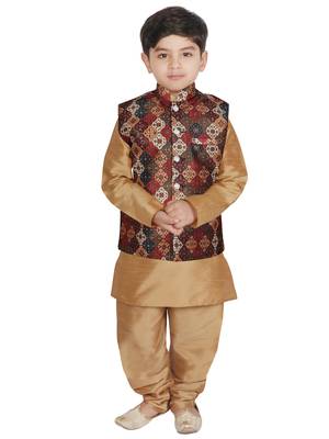 Gold Silk Printed Kurta And Pyjama 1
