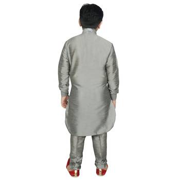 Silver Silk Solid Kurta And Pyjama 3