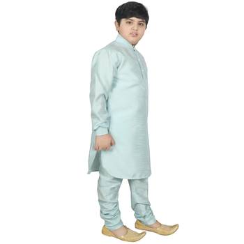 Turquoise Blue Silk Solid Kurta And Pyjama 5
