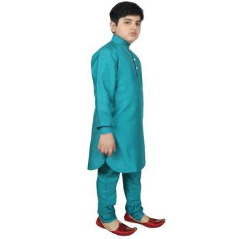 Teal Silk Solid Kurta And Pyjama 5