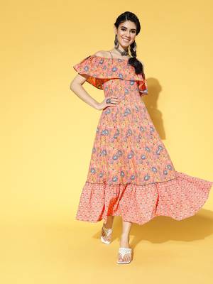Peach printed cotton long-dresses 1
