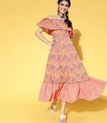 Peach printed cotton long-dresses