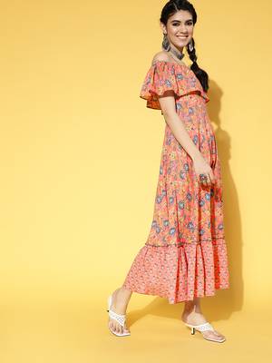 Peach printed cotton long-dresses 2