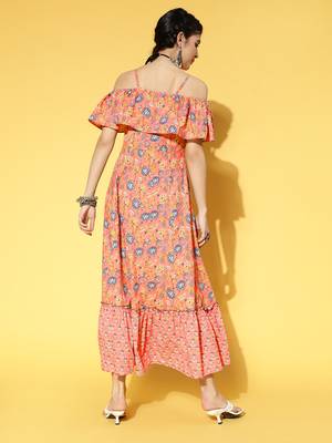 Peach printed cotton long-dresses 3