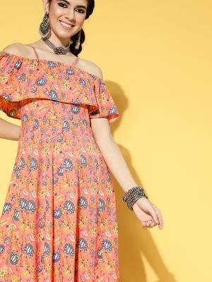 Peach printed cotton long-dresses 4